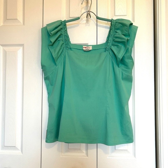 PRADA SPORT Square Neck Ruffle Short Sleeve Cotton Blend Top Green Size 44/US10 - Picture 16 of 16